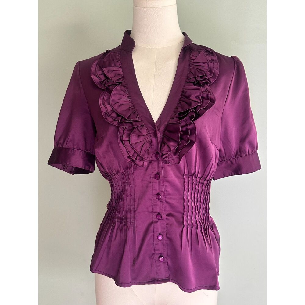 Vintage Y2K Forever 21 Purple Satin Ruffle Blouse Smocked Waist Top Junior S